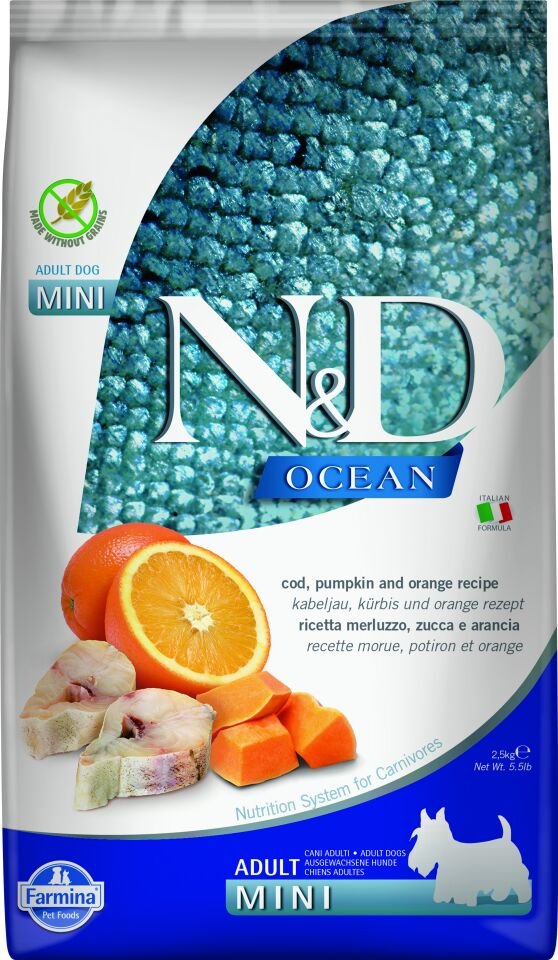 N&D Ocean Mini Adult, Morina Balığı&balkabağı ve portakal 2,5 kg