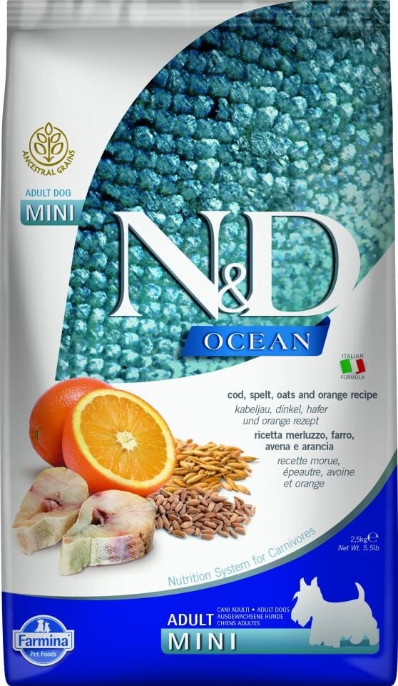 N&D Ocean Mini Adult, Morina balığı, kılçıksız buğday, yulaf, portakal 2,5 kg