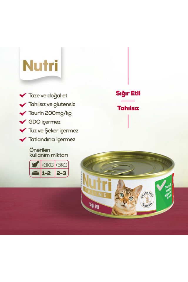 Nutri Yetişkin Kediler için Sığır Etli 70 gr Tahılsız Yaş Mama