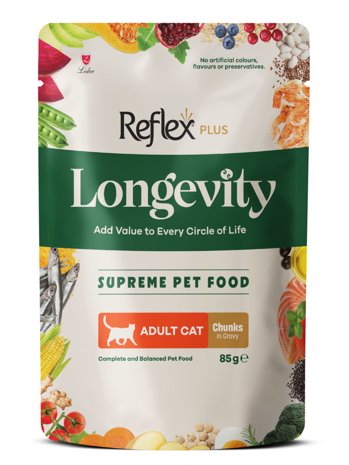 Reflex Plus Longevity Soslu Et Parçacıklı Yetişkin Kedi Yaş Maması 85 g