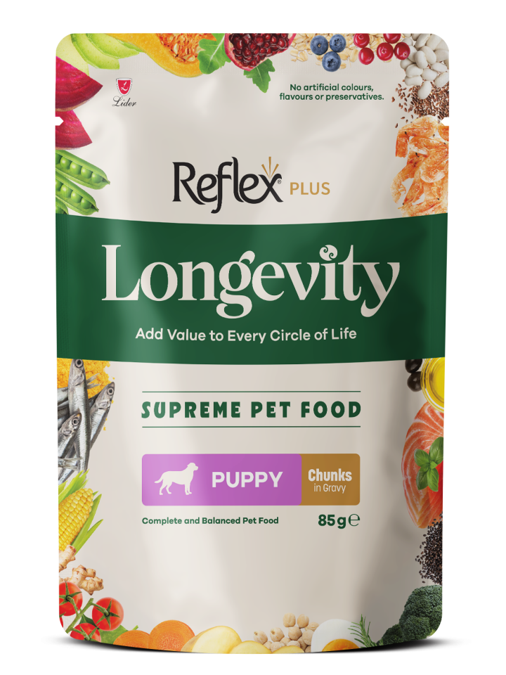 Reflex Plus Longevity Soslu Et Parçacıklı Yavru Köpek Yaş Maması 85 g