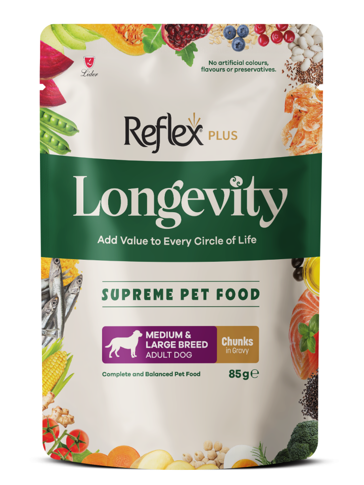 Reflex Plus Longevity Soslu Et Parçacıklı Orta ve Büyük Irk Yetişkin Köpek Yaş Maması 85 g