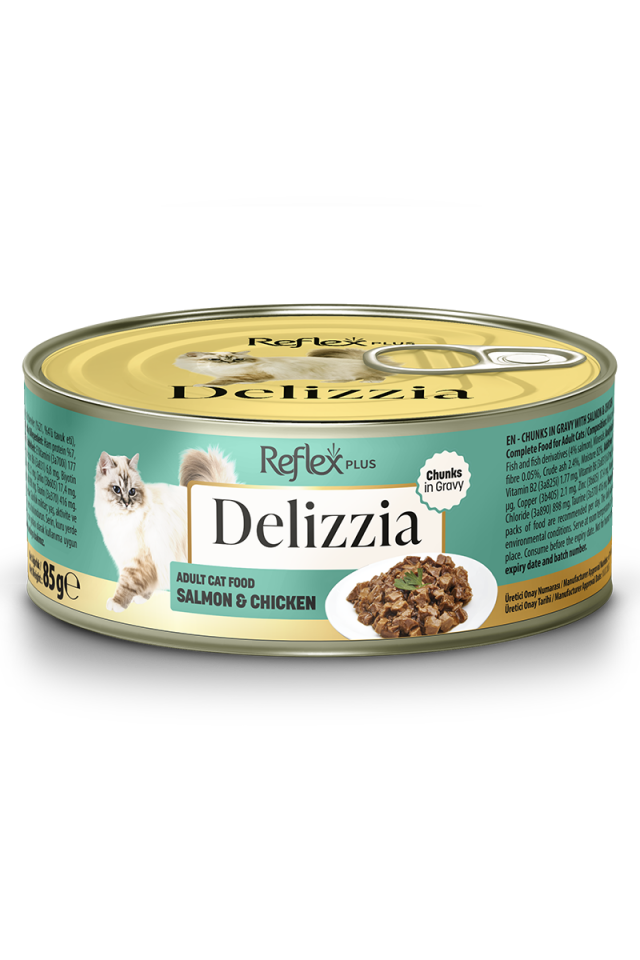 Reflex Plus Delizzia Sos İçinde Parça Etli Somonlu ve Tavuklu Yetişkin Kedi Maması 85 g