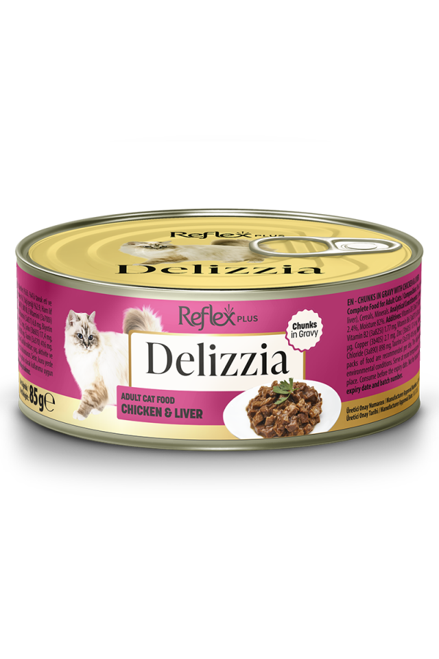 Reflex Plus Delizzia Sos İçinde Parça Etli Tavuklu ve Ciğerli Yetişkin Kedi Maması 85 g