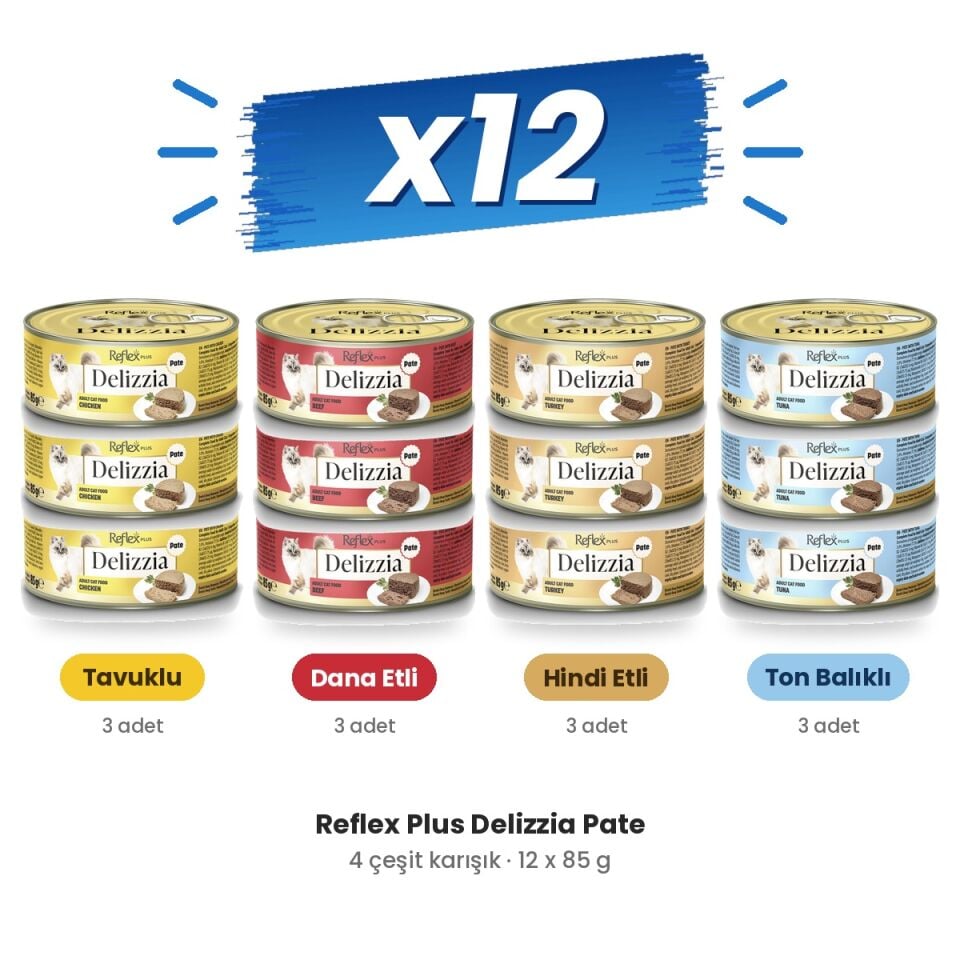 Reflex Plus Delizzia Pate Karışık Yetişkin Kedi Maması 12'li Set (12 x 85 g)