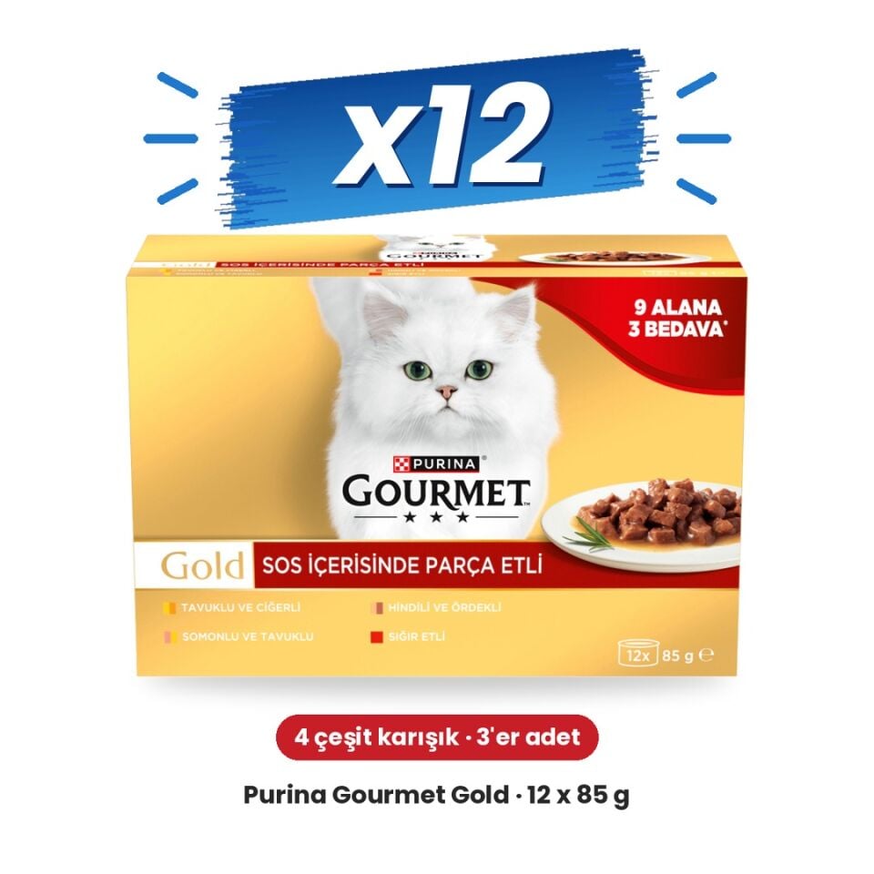 Gourmet Gold Sos İçinde Parça Etli Karışık Yetişkin Kedi Konservesi 12'li Set (12 x 85 g)