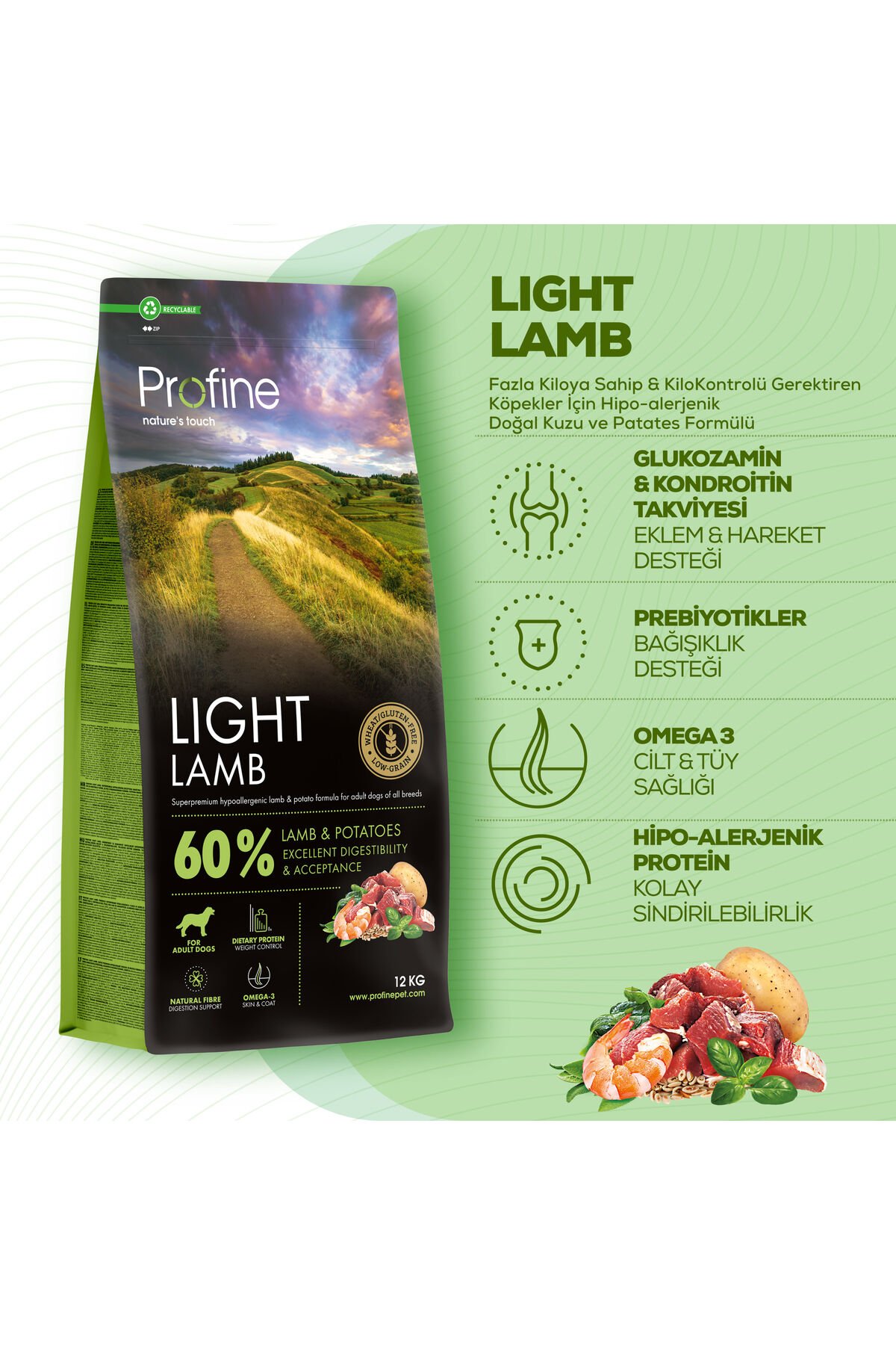 FazlaKiloyaSahip&KiloKontrolüGerektirenKöpeklerİçin Hipoalerjenik Doğal Kuzu ve Patates Formülü 12kg