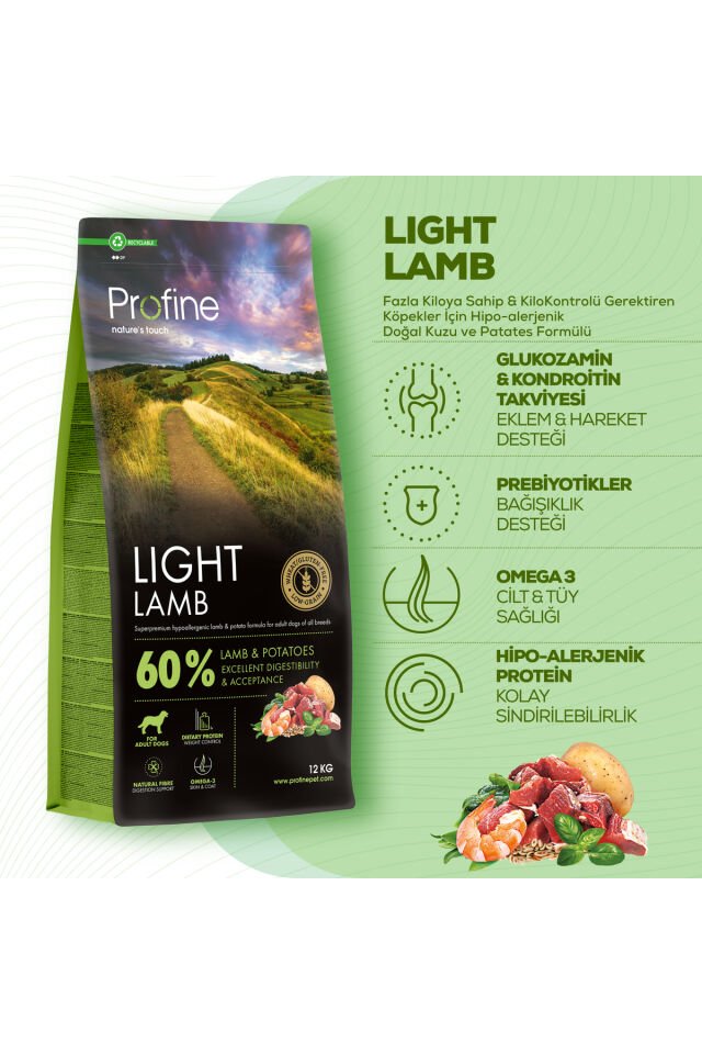 FazlaKiloyaSahip&KiloKontrolüGerektirenKöpeklerİçin Hipoalerjenik Doğal Kuzu ve Patates Formülü 12kg