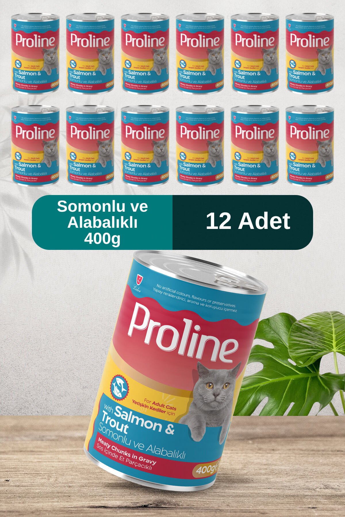 Somonlu ve Alabalıklı Sos İçinde Et Parçacıklı Kedi Konservesi 400g x 12 Adet