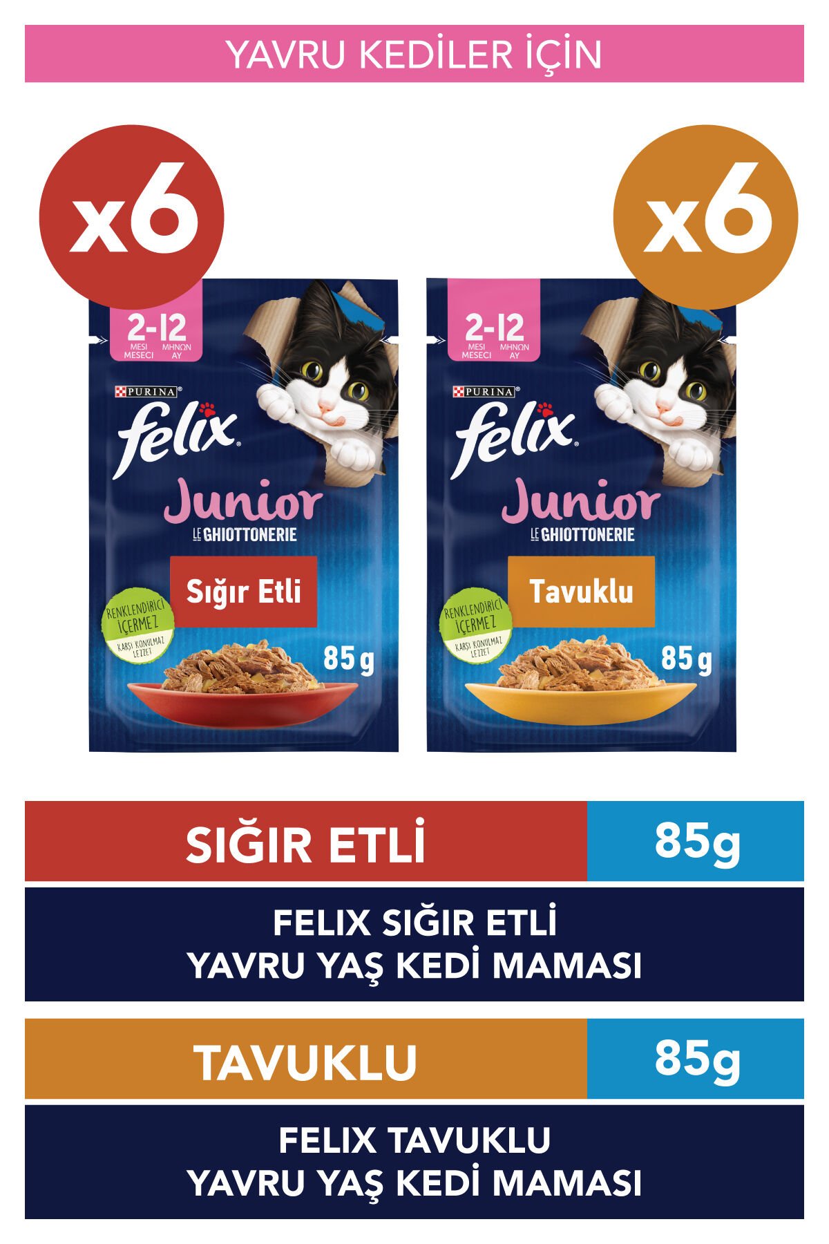 Karışık Yavru Kedi Yaş Maması 12 x 85 gr (6 Adet Tavuklu ve 6 Adet Sığır Etli)