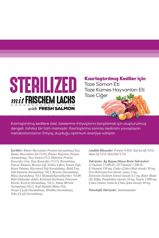 Sterilized - Taze Somonlu, Glutensiz ve Tahılsız Kısırlaştırılmış Kedi Maması 2 Kg