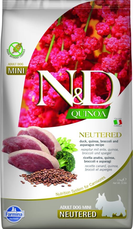 N&D Ördek, kinoa, brokoli ve kuşkonmaz kısırlaştırılmış yetişkin köpek 2.5 kg